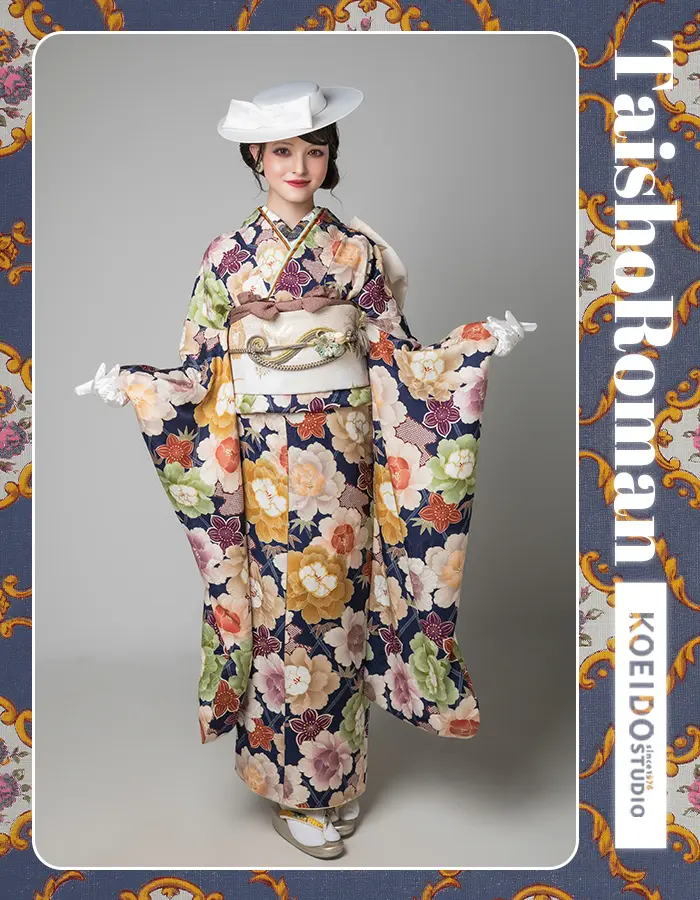 華やかな花柄振袖に白小物を効かせた成人式コーデ