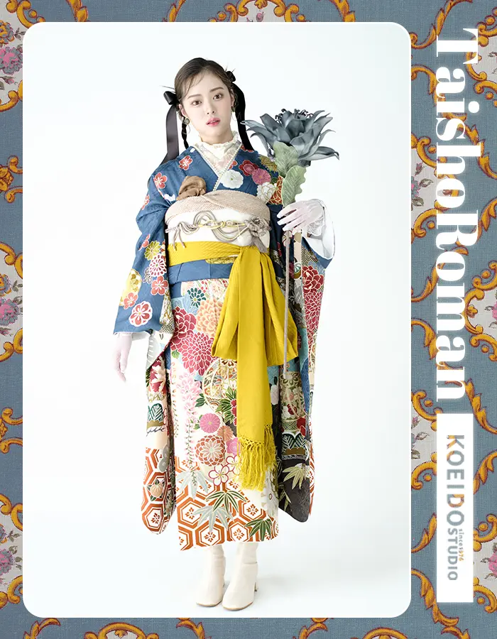 成人式に映える大正ロマン振袖コーデ、志古貴と帯締めが印象的